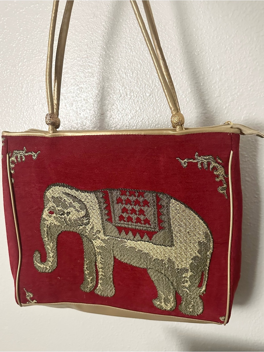 Tapestry bag red elephant carpet tote zipper bag vintage unique purse woven gold